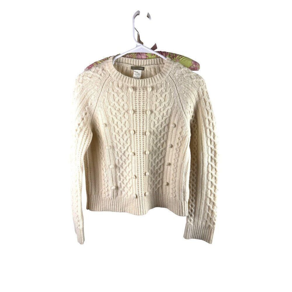 J.Crew Womens Cable-Knit Lambswool Pom-Pom Sweater Ivory Size S Cozy EUC